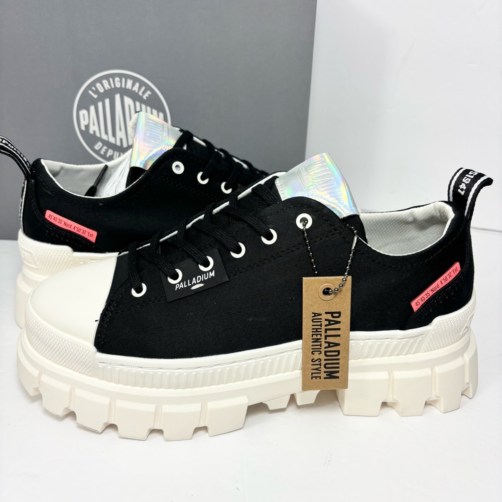 Palladium Black & White Platform Combat Sneakers with Iridescent Tongue